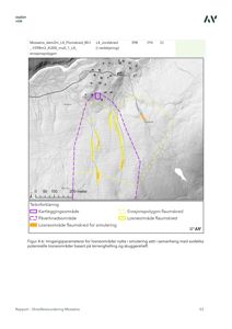 Kart som viser et terrengrelief med overlagte polygoner for kartleggingsområde, påvirkningsområde og losneområder for flaumskred.