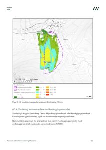 Kart som viser modellering av snøskredfare i et kartleggingsområde, med fargekodet hastighetskart og områder for kartlegging og påvirknad.