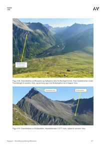 To oversiktsfotografier av Mossetra og Vallasetra med markerte punkter (Brattskrentar, Vassdalstinden, Bukkedalen). Bildene er brukt i en rapport om skredfarevurdering.