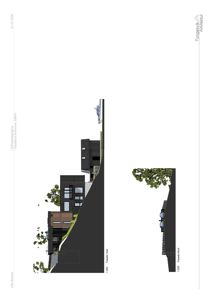 Fasadetegning (opprikk) som viser bygningens utseende sett fra vest og nord, inkludert terrengforhold og trapper.