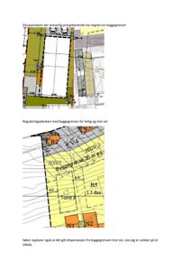 Bildet viser to kart: øverst en situasjonsplan med byggegrenser, og nederst en reguleringsplan med arealbruk og tomtegrenser.