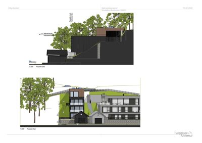 Bildet viser to fasadetegninger (Øst og Sør) for en villa, inkludert detaljer om terreng, takform og materialvalg.