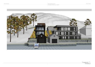 3D-visualisering (rendering) av en villa og garasjeanlegg sett fra gaten.