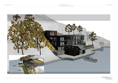 3D-visualisering av en nybyggprosjekt (villa) sett fra utsiden, inkludert omgivelsene som vann, båt, trær og terreng.