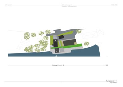 Situasjonsplan som viser bygningens plassering på tomt, solforhold (solisikkygge), og omgivelsene inkludert trær og vann.