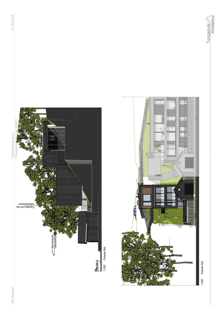 En 3D-visualisering (rendering) som viser fasaden på en bygning sett fra siden, inkludert detaljer om trapp, vinduer og omgivelsene.