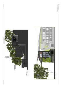 En 3D-visualisering (rendering) som viser fasaden på en bygning sett fra siden, inkludert detaljer om trapp, vinduer og omgivelsene.