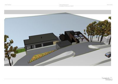3D-visualisering av en villa (Villa Aarøkol) med omgivelser, inkludert bilplassering, trær og terreng.