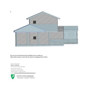 Et tegnet oppriss av en bygning sett fra siden, som viser fasaden og takformen.