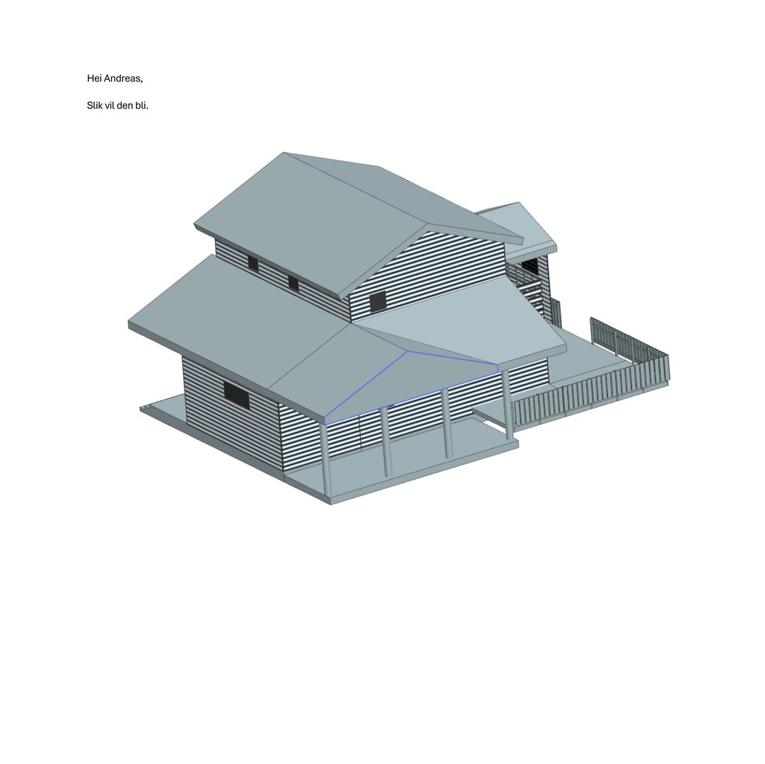 3D-visualisering av en planlagt hytte med tak, fasade og veranda