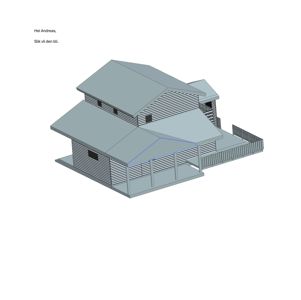 3D-visualisering av en planlagt hytte med tak, fasade og veranda