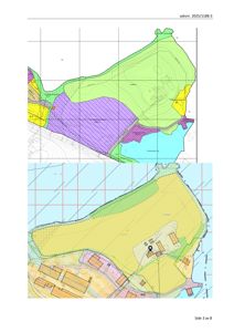 Bildet viser to situasjonsplaner (topografiske kart) som illustrerer et område med konturer, vegnett og fargemerkede soner (f.eks. byggeområder, grøntområder).