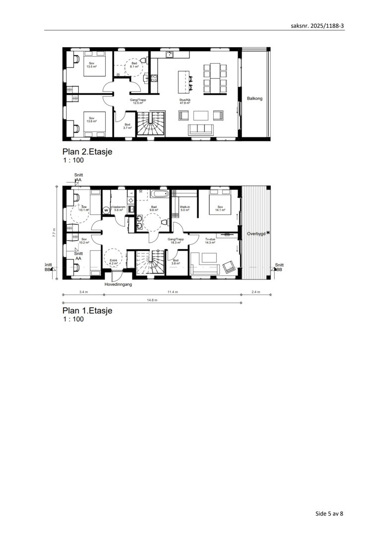 Bildet viser etasjeplaner for et hus. Det er tegnet to planer: Plan 1 (Etasje) og Plan 2 (Etasje), som viser romfordeling, dører, vinduer og mål for hver etasje.