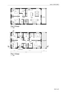 Bildet viser etasjeplaner for et hus. Det er tegnet to planer: Plan 1 (Etasje) og Plan 2 (Etasje), som viser romfordeling, dører, vinduer og mål for hver etasje.