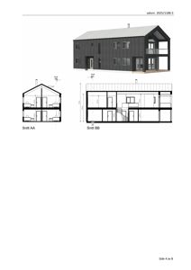 Bildet viser to snittegninger (Snitt AA og Snitt BB) av en bygning, der det også er inkludert en 3D-visualisering av fasaden for å gi kontekst.