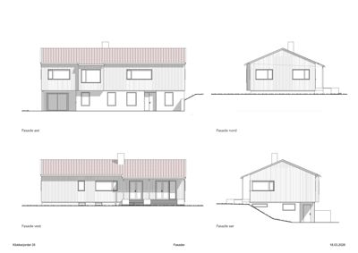Bildet viser fire fasadetegninger av en bolig, merket som 'Fasade øst', 'Fasade nord', 'Fasade vest' og 'Fasade sør'.