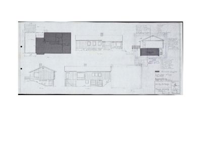Bildet viser en tegning med flere utsnitt av en bygning sett fra utsiden, inkludert front, side og bakfasade.