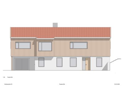 Fasadetegning som viser fronten av en bolig med tak, vinduer og dører.
