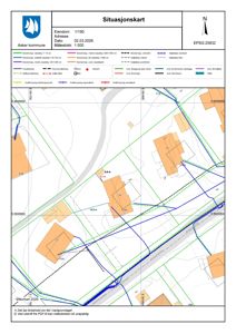 Situasjonskart som viser eiendomsinndeling, bygninger og infrastruktur i et område.