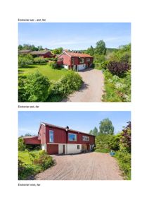 Fotografier av et rødt trehus sett fra ulike vinkler (sør, øst, vest) før en eventuell endring eller byggesak.