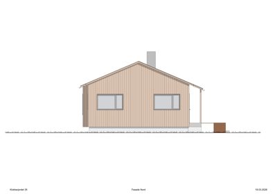 Fasadetegning av en bolig sett fra nord, med visuell fremstilling av tak, vegger, vinduer og en røykledning.