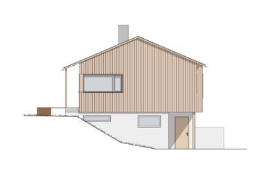 Fasadetegning av en toetasjes bygning sett fra siden, med visuell fremstilling av tak, vegger, vinduer og terreng.
