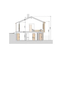 Snittegning av en bolig som viser romfordeling, høyder og takkonstruksjon.