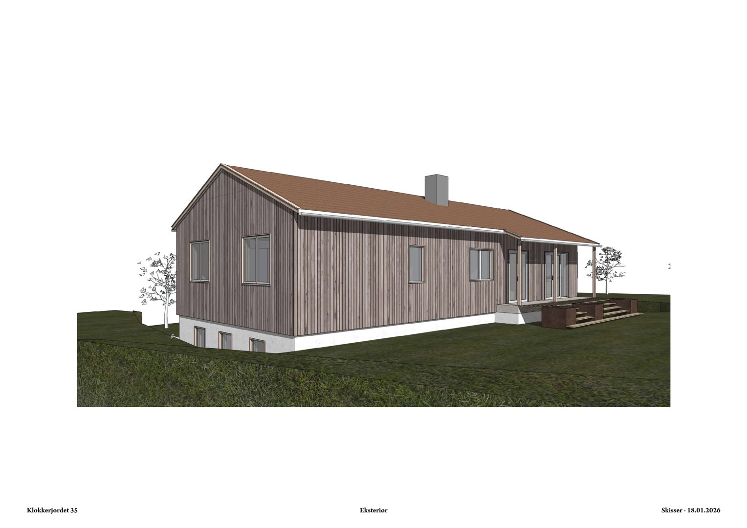 3D-visualisering av et hus sett fra utsiden (eksteriør).