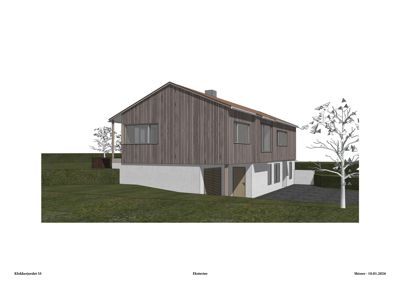 3D-visualisering av et hus med trepanel og hvit fundamentmur, sett fra en vinkel som viser fasade og deler av siden.