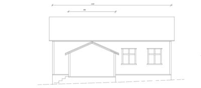 Fasadetegning som viser fronten på en bygning med etasjer, vinduer, takform og trapper.