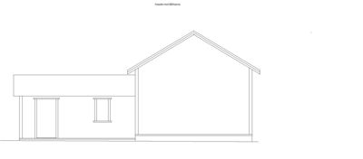 En tegning som viser fasaden mot Båtveien, inkludert takform, vinduer og dører.