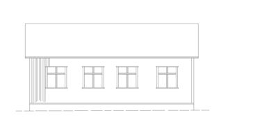 Fasadetegning som viser fronten på en bygning med fire vinduer og en dør.