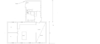 Etasjeplan som viser romfordeling, dimensjoner og plassering av vegg og dører.