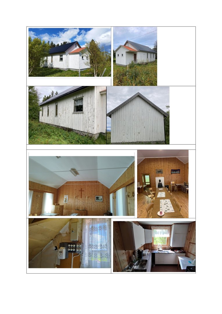 Et sammensatt bilde (collage) som viser flere fotografier av en liten hvit bygning, både utsiden og innvendig.