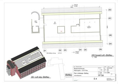 Bildet viser en plantegning av loftsetasjeen i Østfløyen, inkludert romfordeling, dimensjoner og en 3D-visualisering av bygningens utseende.