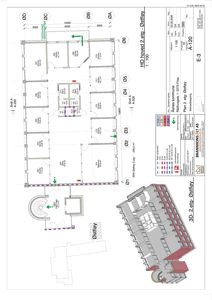 Etasjeplan (2. etasje) med romfordeling, dimensjoner og en 3D-visualisering av bygningens fasade.