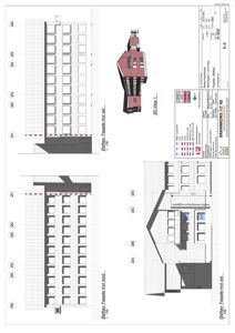 Fasadetegning som viser bygningens utseende fra flere vinkler (mot øst, mot sør og mot nord) samt en 3D-visualisering.