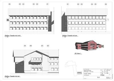 Bildet viser fasadetegninger (mot nord, sør og øst) samt en 3D-visualisering av en bygning.