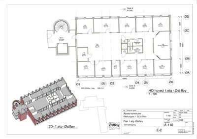 Etasjeplan (1. etasje) for Østfløyen av Rådhuset, med romnummerering, arealoppdelinger og en 3D-visualisering av bygningens struktur.