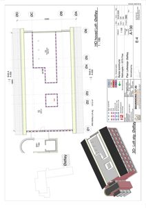 Etasjeplan for et loft (HO hoved Loft -Østflev) med romfordeling, dimensjoner og en 3D-visualisering av fasaden.