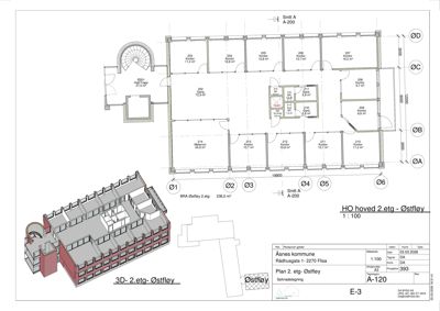 Etasjeplan (2. etg.) med romnummerering, arealoppdelinger og en 3D-visualisering av bygningens utseende.