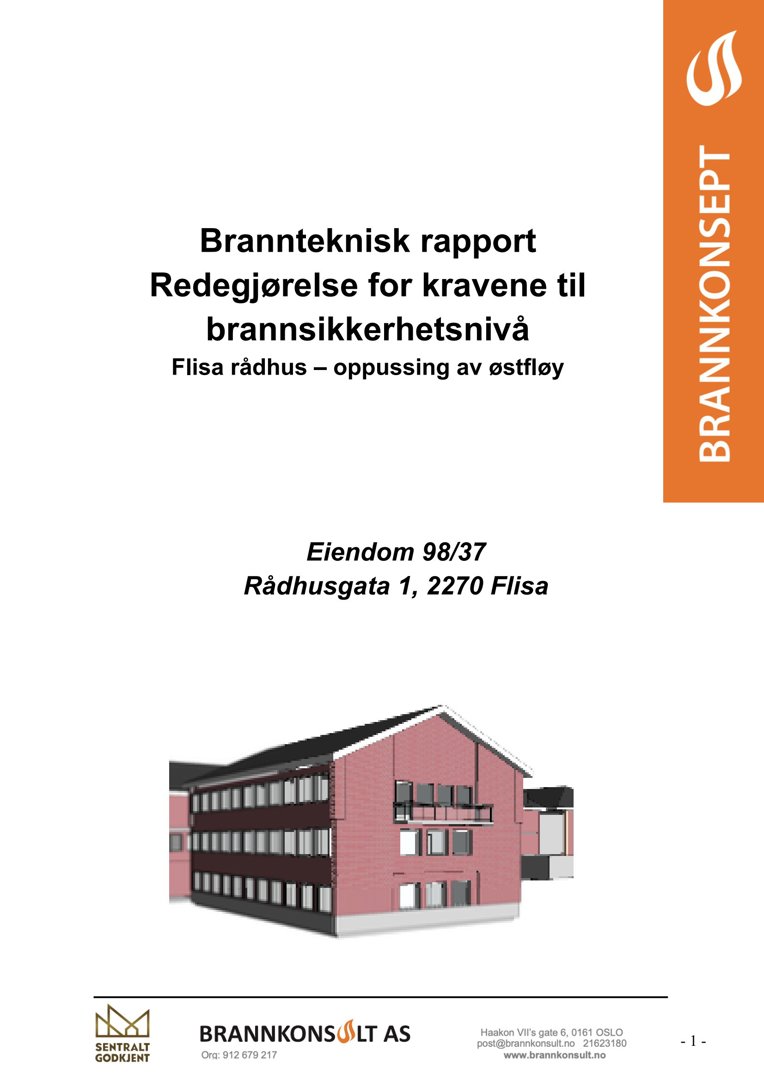 Et fotografi av en bygning (Flisa rådhus) som er inkludert i en brannrapport.