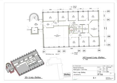 Bildet viser en etasjeplan (østfly) med romnummerering, arealoppdelinger og snittreferanser, samt en 3D-visualisering av samme etasje.