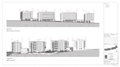 Snittegning som viser tverrsnittet av en bygning med flere etasjer og grunnplan.