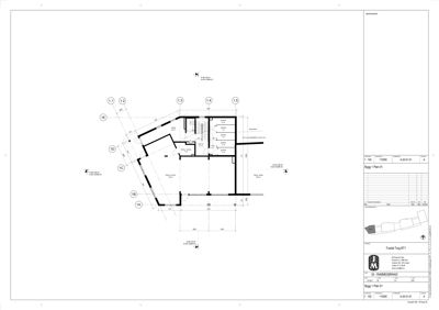Etasjeplan (Bygg 1 Plan 01) som viser romfordeling, veggkonstruksjoner og dimensjoner.