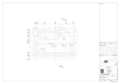Etasjeplan (Bygg 2 Plan 08 Tak) som viser romfordeling og veggkonstruksjoner.