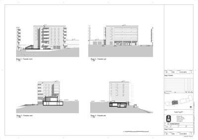 Fasadetegning som viser fire utsikter (nord, syd, vest, øst) av et planlagt bygg.