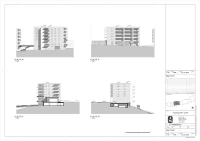 Bildet viser fire fasadetegninger av en fleretasjes bygning sett fra ulike vinkler (N, S, V, Ø).