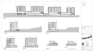 Fasadetegning med flere utsnitt av bygningens ytre profil og detaljer.