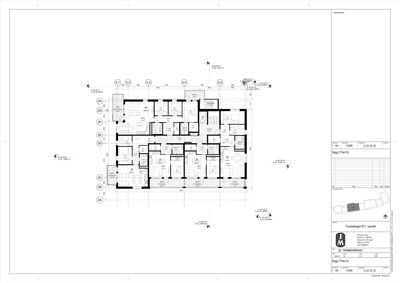 Etasjeplan (Bygg 2 Plan 03) som viser romfordeling, veggkonstruksjoner og dimensjoner for en bygning.